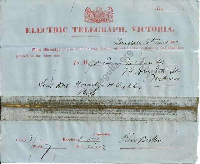 Telegram dated 10 March 1862 from Ross Brothers, Ironmongers of Tarnagulla, To James McEwan and Co., of Melbourne