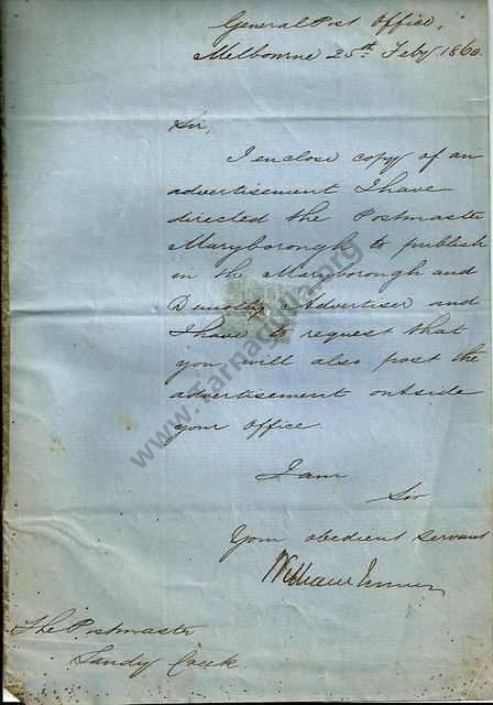 Letter dated 25 February 1860 to Sandy Creek Postmaster.