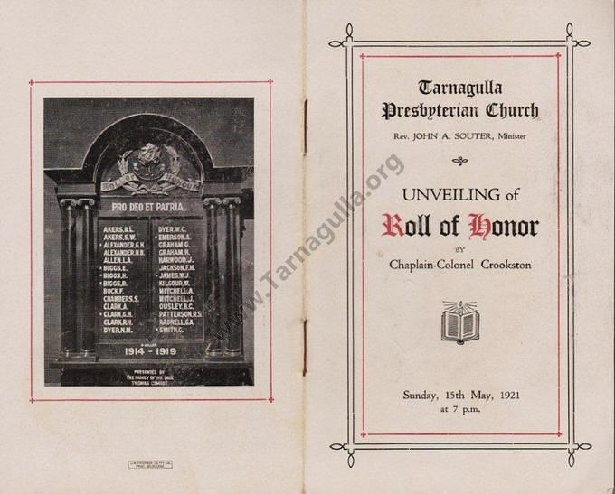 Tarnagulla Presbyterian Church Roll of Honour Unveiled Sunday 15 May 1921