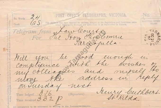 Telegram to Hon. Thomas Comrie MLC from Hon. Sir Henry Cuthbert MLC 21 October 1897