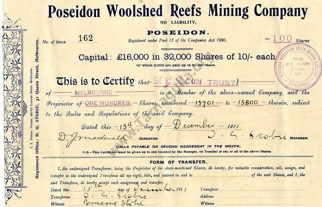 Share Certificate for Poseidon Woolshed Reefs Mining Co N.L dated 1911