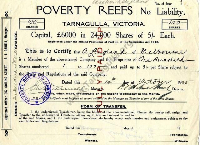 Share Certificate for Poverty Reefs N.L., dated 1925