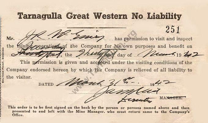 Tarnagulla Great Western NL Permit to inspect mining operations 31 March 1942