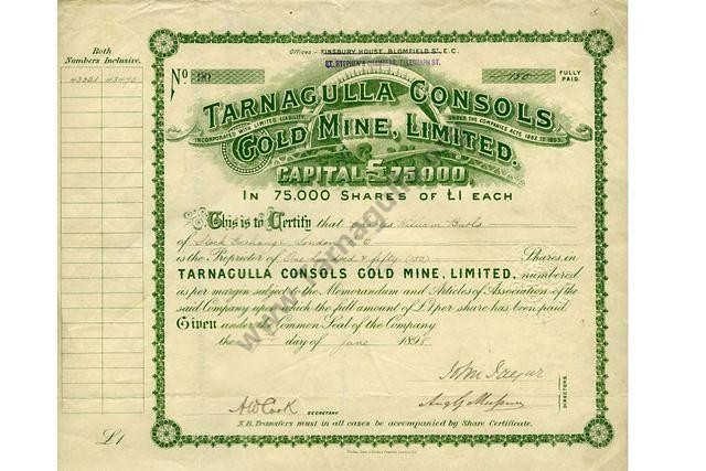 Tarnagulla Consols Gold Mine Share Certificate, 1898.