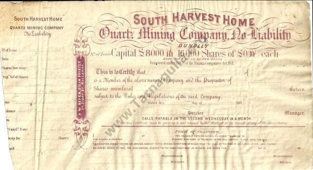 The Harvest Home Reef is located north-west of Dunolly. This is a nice printer's proof of an 1880s share certificate. From the David Gordon collection.