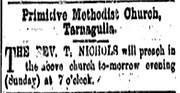 Primitive Methodist Church Advertisement, Tarnagulla & Llanelly Courier 12 Nov 1887
