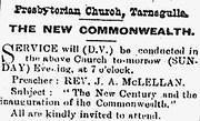 Tarnagulla Presbyterian Church Advertisement Sermon on The New Commonwealth  5 January 1901