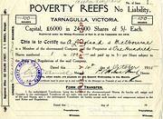 Share Certificate for Poverty Reefs N.L., dated 1925
